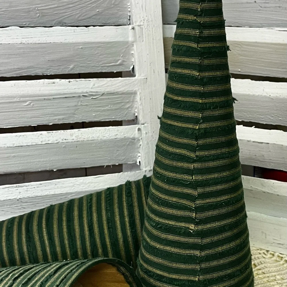 3 large Green Striped homespun fabric Cone Christmas Trees holiday farmhouse